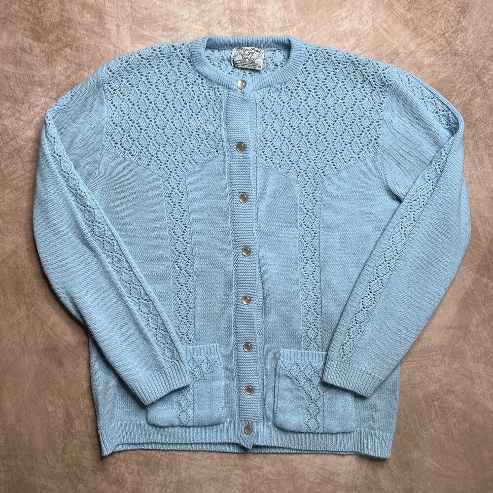 College Point Vintage 80s Blue Sweater Knit Cardigan Button Up Diamond Crochet